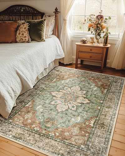 Area Rugs 5'x7' Washable Non-Slip, Floral Vintage Distress Print Pattern Medallion Carpet for Living Room Bedroom Dining Room, Brick Red Rust Neutral Brown Burnt Orange Green