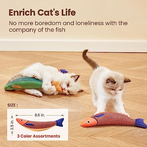 Potaroma Cat Toys Saury Fish, 3 Pack, Catnip Crinkle Sound, Soft and Durable, Interactive Kitten Kicker for Indoor Kitty Exercise 9.4 Inches for All Breeds