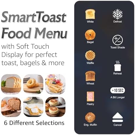 Elite Gourmet ECT5924D SmartToast Digital Long Slot 4 Slice Toaster, 1.5” Wide Slots for Thick Breads & Bagel Function, LED Touch Screen, Countdown Timer, 6 Shades, Stainless Steel