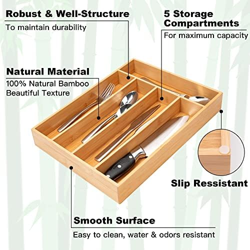 Silverware Organizer Kitchen Drawer Organizer Utensil Organizer Bamboo Silverware Holder Cutlery Organizer in Drawer Flatware Organizer Tray(5 slots, Natural