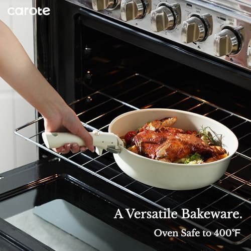 CAROTE 19pcs Pots and Pans Set Non Stick, Cookware Sets, Kitchen Set, Oven/Fridge Safe, Space Saving Pots Set, Nonstick Cooking Set with Versatile Detachable Handle, Induction RV Set, Cream White