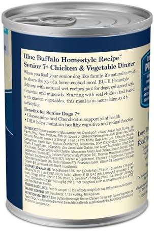 Blue Buffalo Homestyle Recipe Senior Wet Dog Food, Made with Natural Ingredients, Chicken Dinner with Garden Vegetables, 12.5-oz Cans (12 Count)