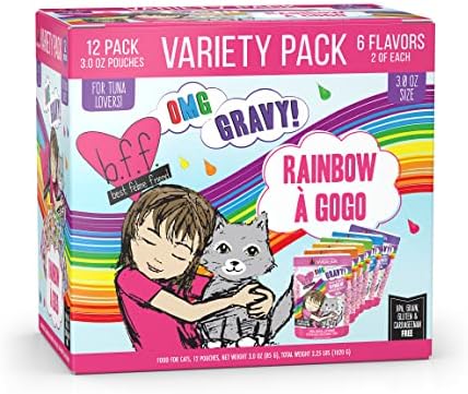 Weruva B.F.F. OMG - Best Feline Friend Oh My Gravy!, Rainbow A Gogo Variety Pack! Cat Food, 3oz Pouch (Pack of 12)