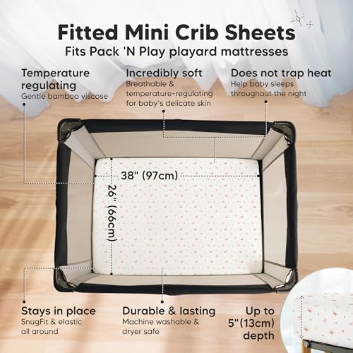 Pack and Play Sheets Fitted - 2-Pack Mini Crib Sheets for Pack N Play Mattress 38x26, Soft & Cozy, Neutral Toddler Playard Bedding, Snug Fitted Mini Baby Crib Mattress Cover Boy, Girl (Butterflies)