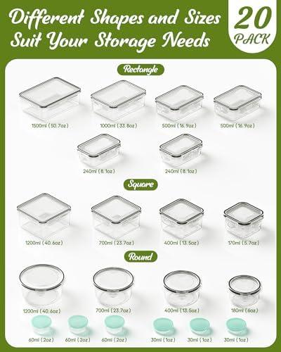 40 Piece Food Storage Containers with Lids(20 Containers & 20 Lids), BPA-Free Plastic Food Containers for Kitchen Storage and Organization, Leak Proof Meal Prep Container, Includes Labels & Pen
