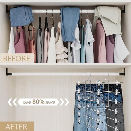 Pants Hangers with Clips,Space Saving Hanging Closet Organizer-6 Tiers Skirt Hangers with 360° Swivel Hook,Closet Organizer-Clothes Hangers- College Dorm Essentials Apartment Essentials-2 Pack