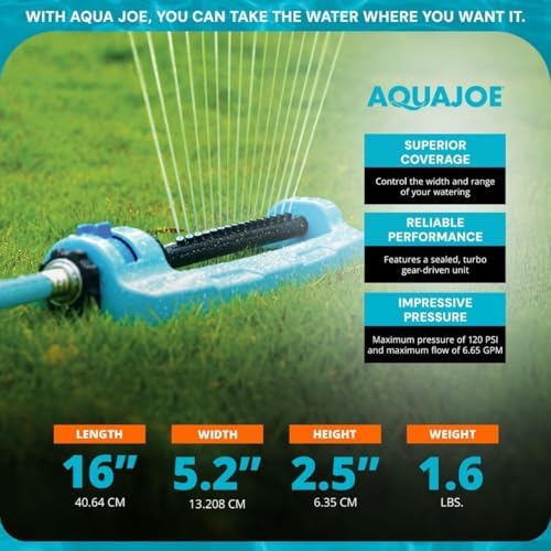 Aqua Joe SJI-OMS16 Indestructible Metal Base Oscillating Sprinkler with Adjustable Spray, 3600-Square Foot Coverage