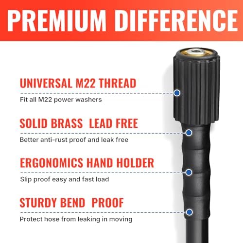 YAMATIC Pressure Washer Hose 25FT 1/4" Kink Resistant M22 Brass Fitting Power Washer Hose Replacement for Ryobi, Troy Bilt, Greenworks, CRAFTSMAN & More High PressureWashers, 3200 PSI