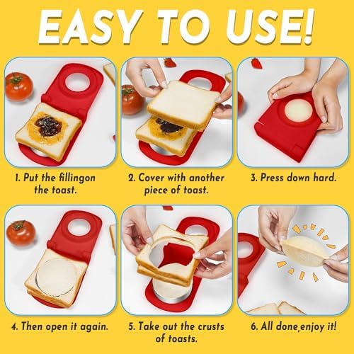 HiYZ Sandwich Cutter and Sealer - Stainless Steel Decruster Sandwich Maker - Peanut Butter and Jelly Crustless Sandwich Bread Pancake Maker Cookie Cutter for Kids Boys Girls-Red and Fruit Picks