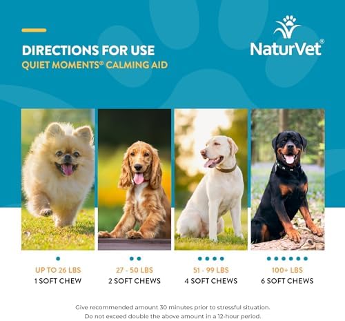 NaturVet Quiet Moments Calming Aid Dog Supplement – Helps Promote Relaxation, Reduce Stress, Storm Anxiety, Fireworks, Motion Sickness for Dogs – Tasty Pet Soft Chews with Melatonin – 70 Ct.