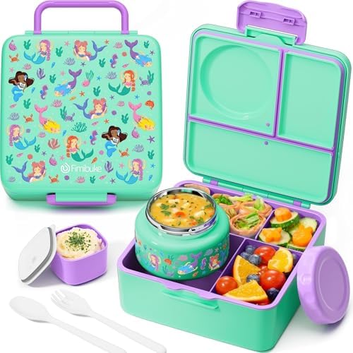 Fimibuke Bento Box for Kids Adult with Thermos, 3-4 Compartment 60OZ Toddler Lunch Box Container with Leakproof 8OZ Insulated Food Jar, Sauce Jar, Utensil for School Boy Girl, BPA-Free Dishwasher Safe