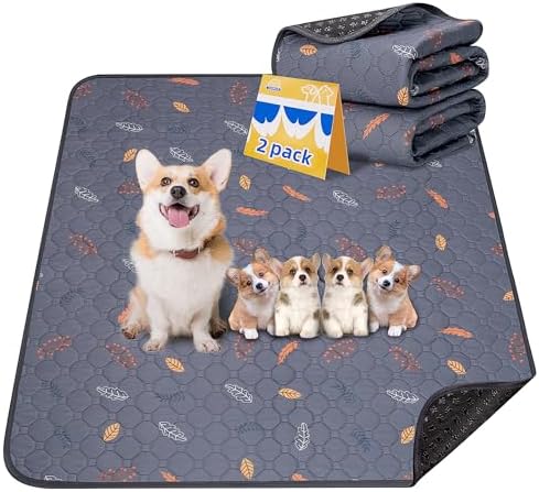 Sunheir Washable Pee Pads for Dogs 2-Pack Reusable Puppy Pads Pet Training Pads, Waterproof Dog Pee Pads for Crate, Whelping Pad, Non-Slip Protects Against Urine Leakage (Leaves - Deep Grey, 24x36)