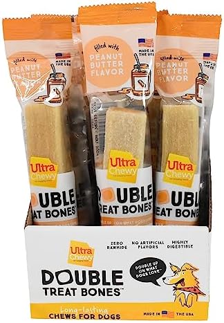 Ultra Chewy Peanut Butter Double Treat Bones: Long-Lasting Dog Treats Made in USA for Large and Small Breeds, Highly Digestible, Ideal for Aggressive Chewers (12 Count)