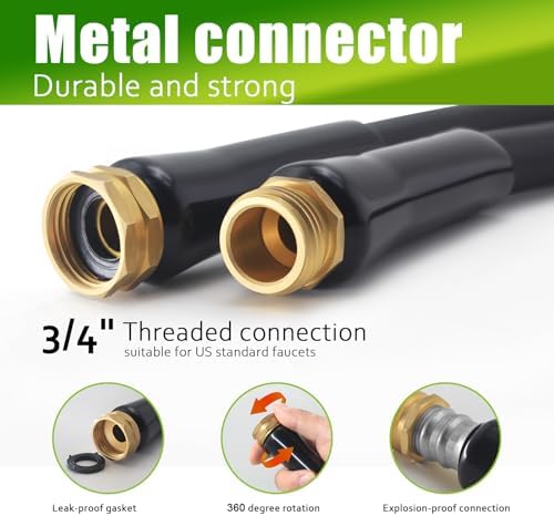 Non-Expandable Garden Hose 100feet, Flexible Water Hose with 10 Function Hose Nozzle, Lightweight, Tangle Free, Rust Proof for Yard (Black)
