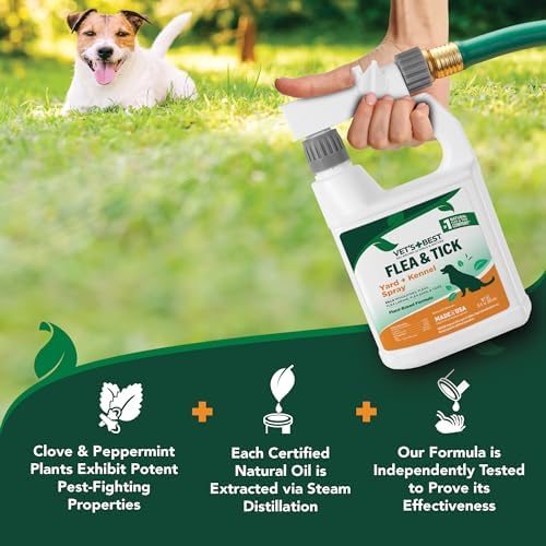 Vet's Best Natural Flea and Tick Yard and Dog Kennel Spray, Plant Safe Tick Spray for Yard with Ready-to-Use Hose Attachment, Mosquito Repellent with Natural Oils, Flea Prevention for Dogs, 32 Ounce