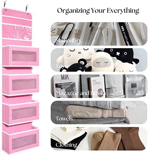 Over Door Organizer with 4 Large Capacity Pockets, Hanging Organizer Storage for Closet Bathroom Nursery Bedroom Dorm, Toys Cosmetics Sundries and Baby Essentials, Pink