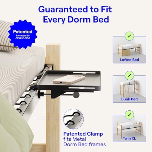 BedShelfie Bedside Shelf for Dorm Room Bunk Bed & Top Bunk, College Dorm Room Essentials, Bedside Caddy, Clip on Floating Tray, Bed Side Table Storage, Loft Nightstand Decor - Dorm Essential, Black