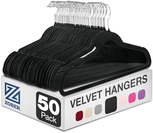 Zober Velvet Hangers 50 Pack - Black for Coats, Pants & Dress Clothes - Non Slip w/ 360 Degree Swivel, Holds up to 10 lbs - Strong Felt Hangers for Clothing