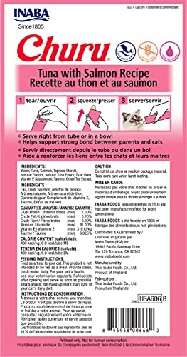 INABA Churu Cat Treats, Grain-Free, Lickable, Squeezable Creamy Purée Cat Treat/Topper with Vitamin E & Taurine, 0.5 Ounces Each Tube, 12 Tubes (4 per Pack), Tuna with Salmon Recipe