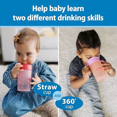 Dr. Brown's Milestones Straw to 360° Cup Set, Convertible Toddler Training Cup Set with Interchangeable Silicone Straw and 360 Degree Cup Lids, Pink Coral, 10 oz/300 mL, BPA Free, 9m+, 2 Pack