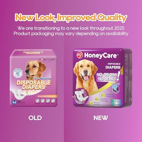 HONEY CARE All-Absorb Disposable Female Dog Diapers M Size, Improved Bigger Size, 36 Count, Super Absorbent, Breathable, Wetness Indicator (Pack of 1, 36 Count Total)