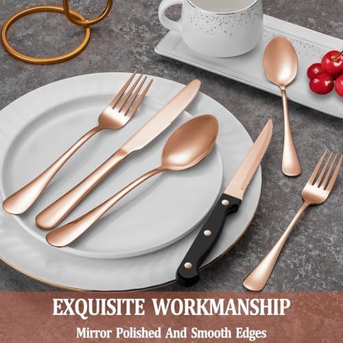 72 Pcs Rose Gold Silverware Set with Steak Knives Service for 12,Stainless Steel Flatware Set,Mirror Polished Cutlery Utensil Set, Kitchen Eating Tableware,Include Fork Knife Spoon Set,Dishwasher Safe