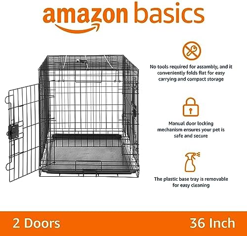 Amazon Basics Durable, Foldable Metal Wire Dog Crate with Tray, Double Door, 36 x 23 x 25 in, Black