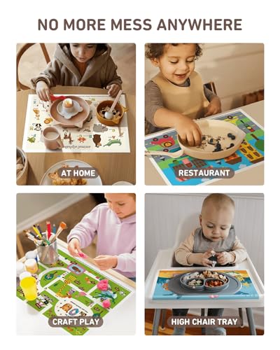 Babebay Disposable Stick-on Placemats 60 Pack for Baby & Kids & Toddler, Sticky Placemats Restaurant Table Mats 12" x 18" (Animal Alphabet)