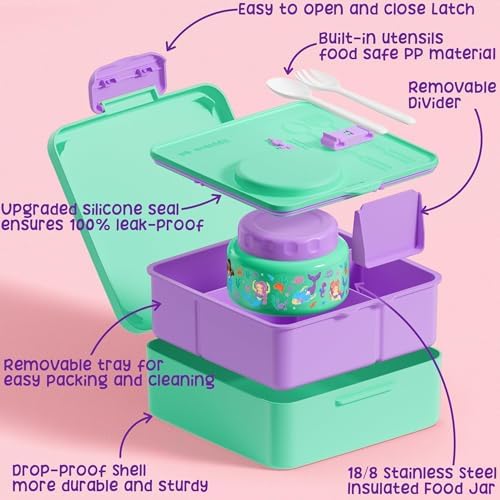 Fimibuke Bento Box for Kids Adult with Thermos, 3-4 Compartment 60OZ Toddler Lunch Box Container with Leakproof 8OZ Insulated Food Jar, Sauce Jar, Utensil for School Boy Girl, BPA-Free Dishwasher Safe