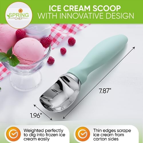 Spring Chef Heavy Duty Ice Cream Scoop with Comfortable Handle, Professional Metal Ice Cream Scooper for Gelato, Sorbet, Cookie Dough, Frozen Yogurt - Dishwasher Safe Kitchen Tool - Mint