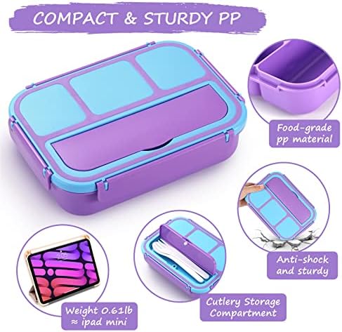 QQKO Bento Lunch Box for Kids Girls Boys, Toddler Kids Lunch Boxes for School, Lunch Containers for Adults with 4 Compartments, Sauce Container, Utensils, Food Picks and Muffin Cups, Purple