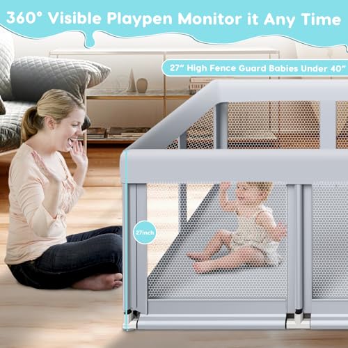 74" ×50" Large Baby Playpen, Baby Playard for Babies and Toddlers, Baby Fence Play Pens for Indoor & Outdoor, Sturdy Safety Play Yard with Soft Breathable Mesh, Anti-Fall, Grey