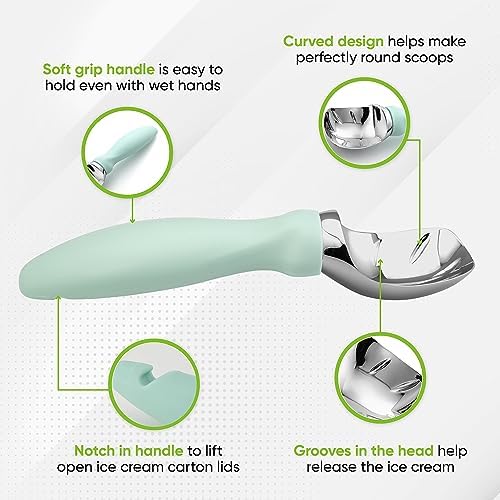 Spring Chef Heavy Duty Ice Cream Scoop with Comfortable Handle, Professional Metal Ice Cream Scooper for Gelato, Sorbet, Cookie Dough, Frozen Yogurt - Dishwasher Safe Kitchen Tool - Mint