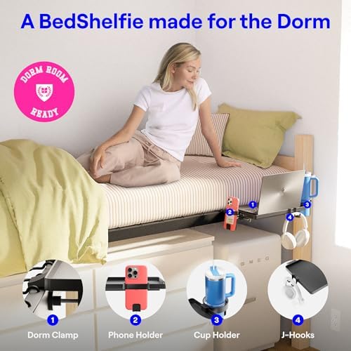 BedShelfie Bedside Shelf for Dorm Room Bunk Bed & Top Bunk, College Dorm Room Essentials, Bedside Caddy, Clip on Floating Tray, Bed Side Table Storage, Loft Nightstand Decor - Dorm Essential, Black