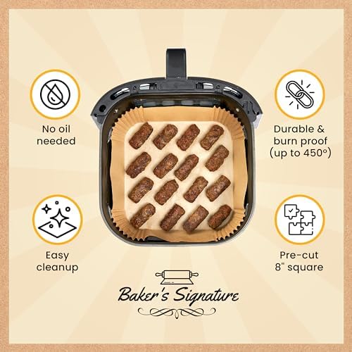 Air Fryer Paper Liners, 125Pcs Air Fryer Disposable Liners, Non-Stick and Oil Proof for Easy Cleanup, 8” Square for 5-8 qt Basket by Baker's Signature