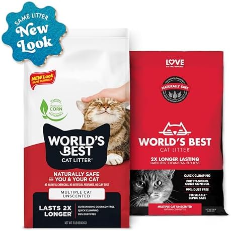 WORLD'S BEST CAT LITTER Multiple Cat Unscented, 15-Pounds - Natural Ingredients, Quick Clumping, Flushable, 99% Dust Free & Made in USA - Long-Lasting Odor Control & Easy Scooping