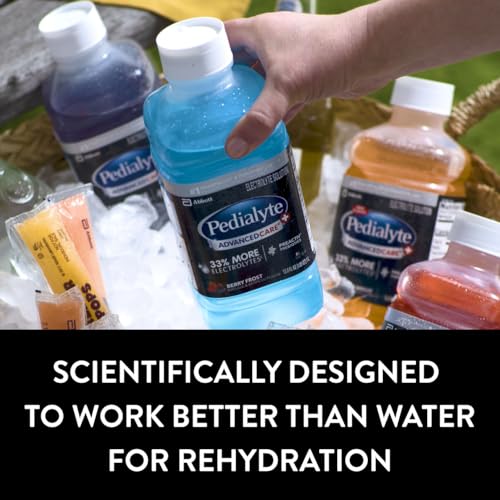 Pedialyte AdvancedCare Plus Electrolyte Hydration Drink, Has 33% More Electrolytes and Has PreActiv Prebiotics, Berry Frost, 1 Liter, Pack of 4
