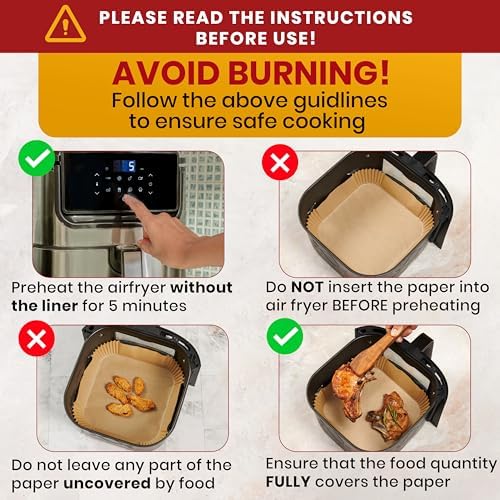 Air Fryer Paper Liners, 125Pcs Air Fryer Disposable Liners, Non-Stick and Oil Proof for Easy Cleanup, 8” Square for 5-8 qt Basket by Baker's Signature