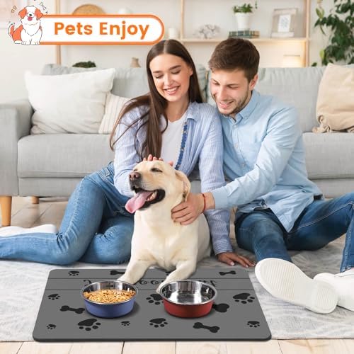 Pet Feeding Mat-Absorbent Pet Placemat for Food and Water Bowl, with Waterproof Rubber Backing, Quick Dry Water Dispenser Mat for Dog and Cat (17"x27", Striped Dark Gray)