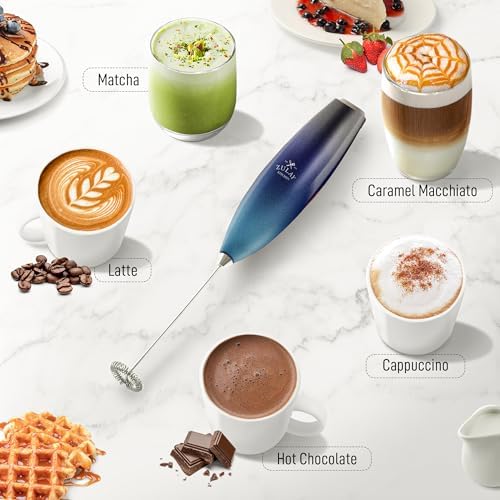 Zulay Kitchen Milk Frother Wand (2 Batteries Included), Handheld Drink Mixer - Easy-Clean & Electric Coffee Frother for Frappe, Matcha - Black/Dark Blue/Teal Blend