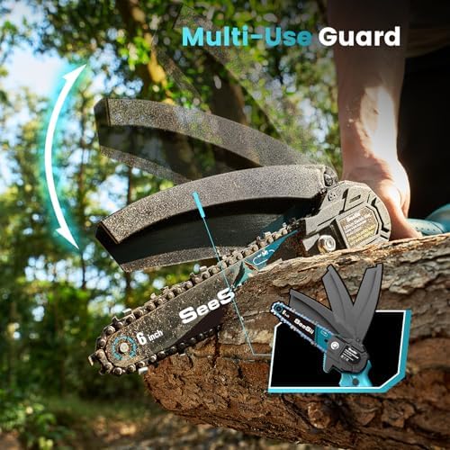 Seesii Mini Chainsaw Cordless 6-inch, Handheld Electric Power Chain Saw with 2 Batteries, for Tree Trimming Wood Cutting, Best Gifts for Dad, Husband