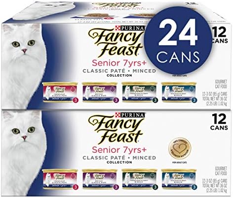 Purina Fancy Feast High Protein Senior Wet Cat Food Variety Pack, Senior 7+ Chicken, Beef & Tuna Feasts - (2 Packs of 12) 3 oz. Cans