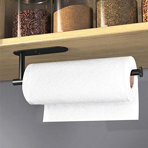 VAEHOLD Adhesive Paper Towel Holder Under Cabinet Wall Mount for Kitchen Paper Towel, Black Paper Towel Roll Holder Stick to Wall, SUS304 Stainless Steel(Black)