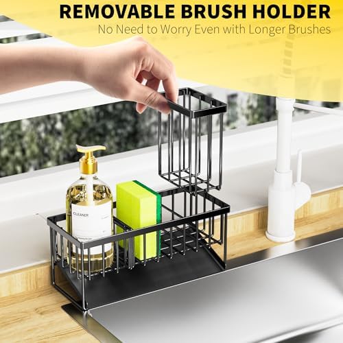 Cisily Kitchen Sink Caddy Organzier with High Brush Holder, Sponge Holder for Sink, 304 Rustproof Stainless, Kitchen Countertop Soap Dispenser Organizer, Kitchen Decor and Accessories