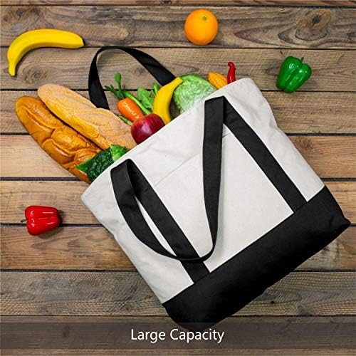 TOPDesign 1 | 3 | 6 | 30 Pack Canvas Tote Bag with an External Pocket, Reusable Grocery Shopping Bag, Top Zipper Closure, Daily Essentials (Black/Natural Pack of 1)