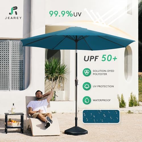 JEAREY 9FT Outdoor Patio Umbrella Outdoor Table Umbrella with Push Button Tilt and Crank, Market Umbrella 8 Sturdy Ribs UV Protection Waterproof for Garden, Deck, Backyard, Pool (Lake Blue)