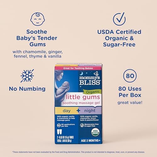 Mommy's Bliss Organic Little Gums Soothing Massage Gel Day and Night Combo, Great for Teething Babies, Age 2 Months+, Sugar Free, Mild & Sweet Flavor, 2 - 0.53 Oz Tubes (Pack of 1)