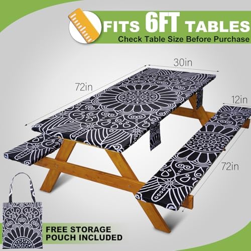 Fitted Picnic Table Cover with Bench Covers Vinyl Waterproof Elastic Edges Fitted Rectangle Tables Patio Tablecloth Camping Gear and Essentials Rv Accessories Road Trip Supplies Car Travel Must Haves