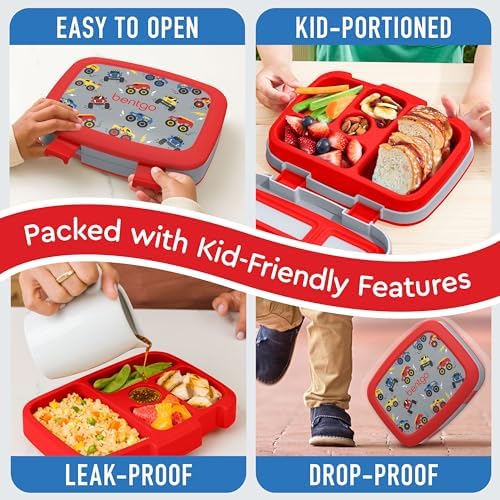 Bentgo Kids Prints Leak-Proof, 5-Compartment Bento-Style Kids Lunch Box - Ideal Portion Sizes for Ages 3-7, Durable, Drop-Proof, Dishwasher Safe, & PFAS & BPA-Free Materials (Trucks)