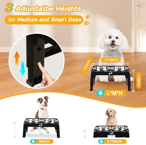 Elevated Dog Bowls for Small Medium Dogs, 3 Height Adjustable Raised Stand with 2 Thick 6" Stainless Steel Food Bowls, Non-Slip Feeder Adjusts to 2.75", 6", 7.5", Black